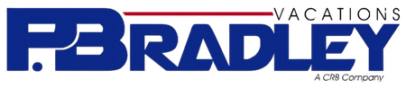 Logo for P.B. Bradley Vacations in blue with a red line, 