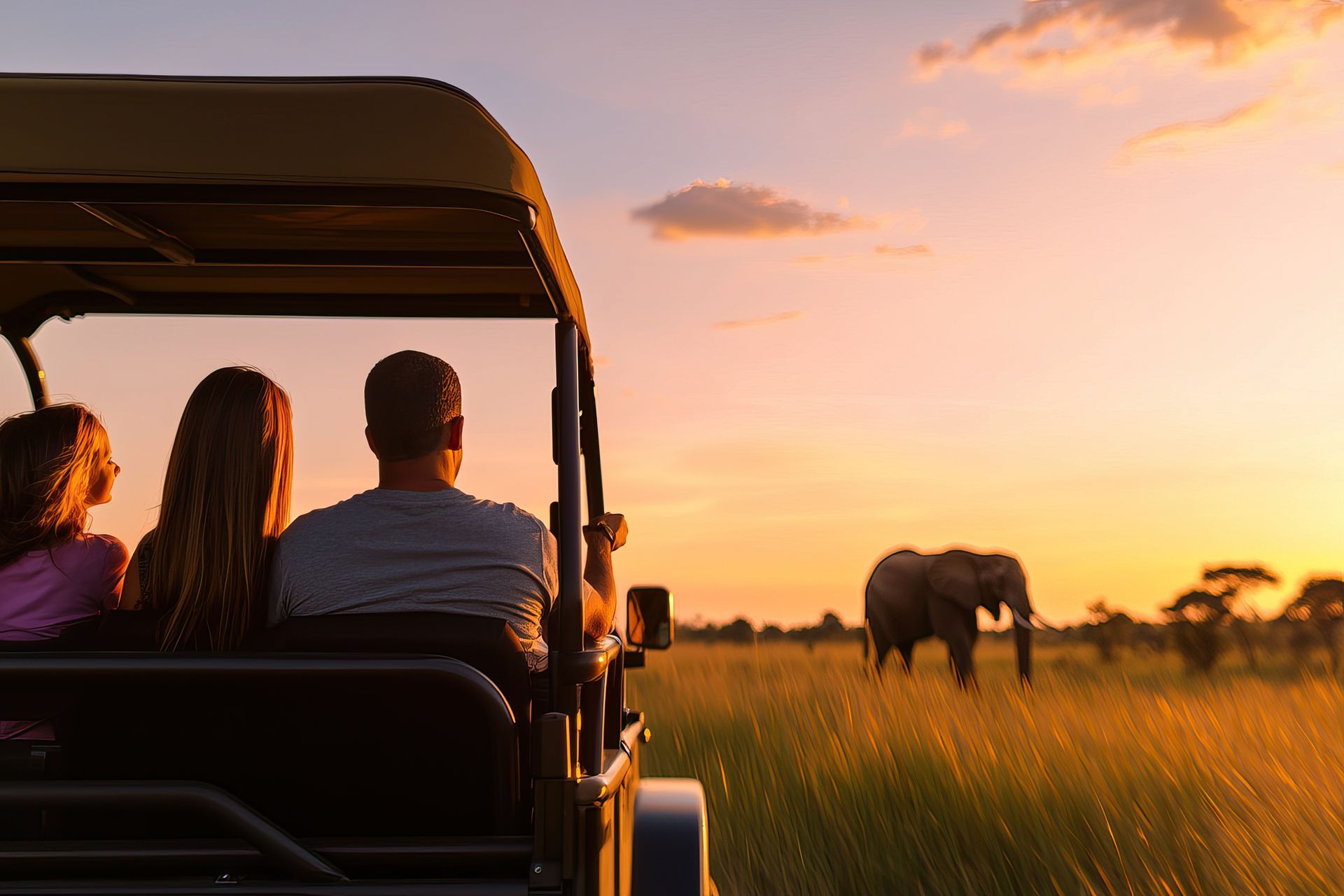 Family on safari watching an elephant at sunset from an open-top jeep in the African savanna.