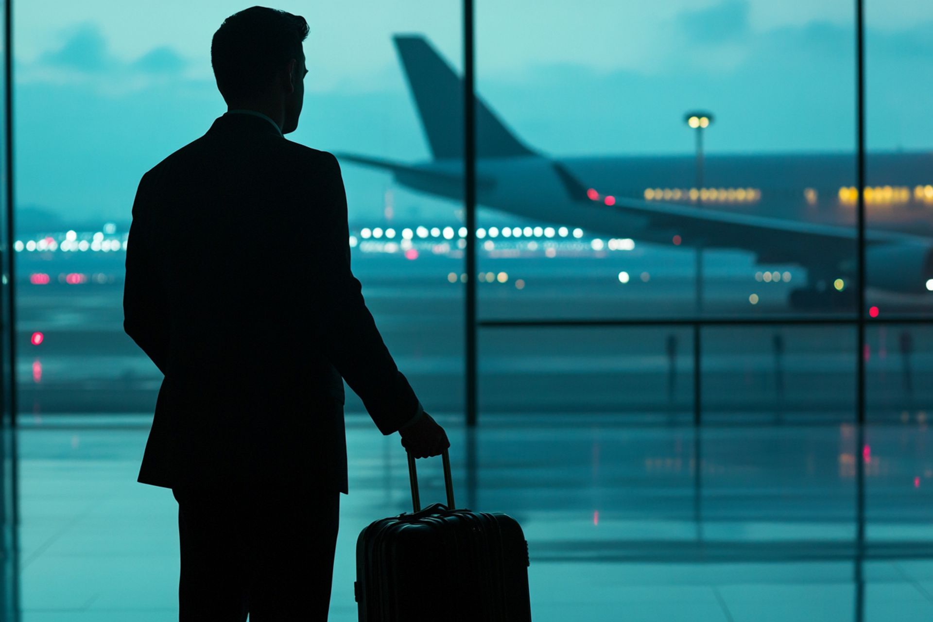 A businessman in a suit stands at an airport window, looking at a plane. He holds a suitcase, silhouetted against the night sky.