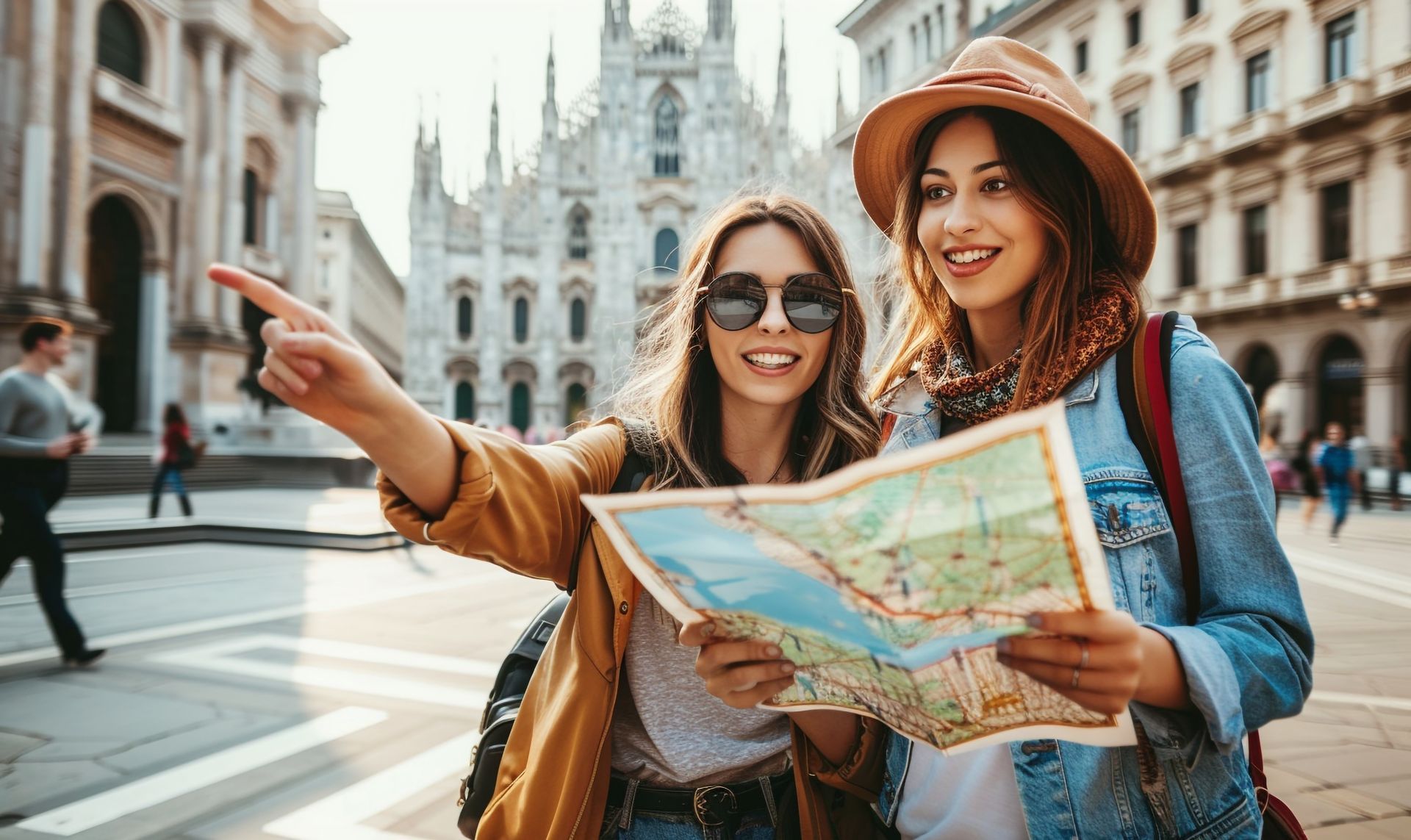 Two women tourists looking at a map in a city, one pointing to the left with a cathedral in the background.