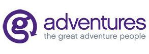 Logo for "adventures" with a purple circular icon containing a stylized "g" and an arrow. The tagline reads "the great adventure people."