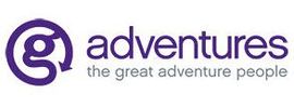 Logo for "adventures" with a purple circular icon containing a stylized "g" and an arrow. The tagline reads "the great adventure people."