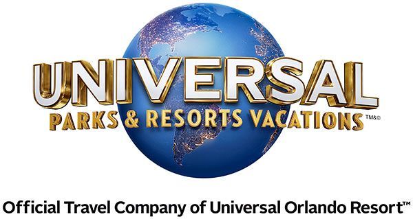 Universal Parks & Resorts Vacations logo. The globe with the Universal logo in front. White text with gold trim reads "Universal Parks & Resorts Vacations".