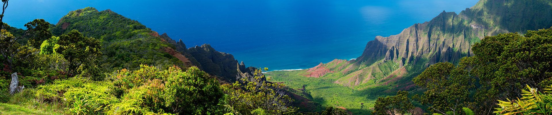Panoramic view of lush green mountains meeting the deep blue ocean.