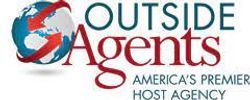 Logo for "Outside Agents," a travel agency. Features a globe with red arrows, and text in teal and burgundy.