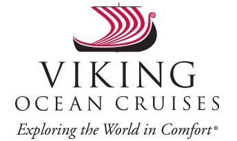 Viking Ocean Cruises logo with a Viking ship silhouette above text. The ship's sail is striped pink and red.