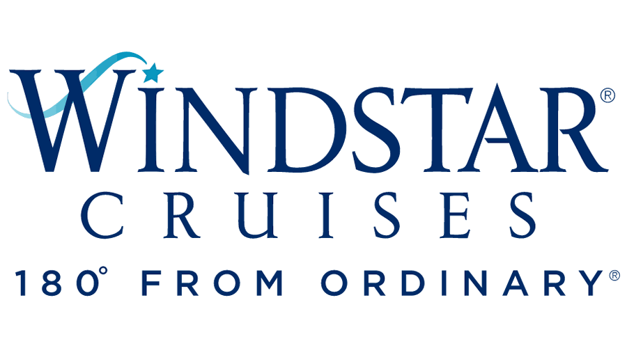 Windstar Cruises logo with navy blue text and a stylized shooting star; tagline: "180° FROM ORDINARY."