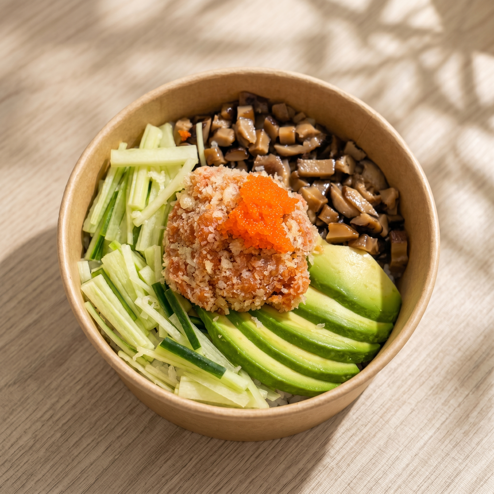 Bowl of rice topped with avocado, cucumber, mushrooms, and orange roe on a wooden table