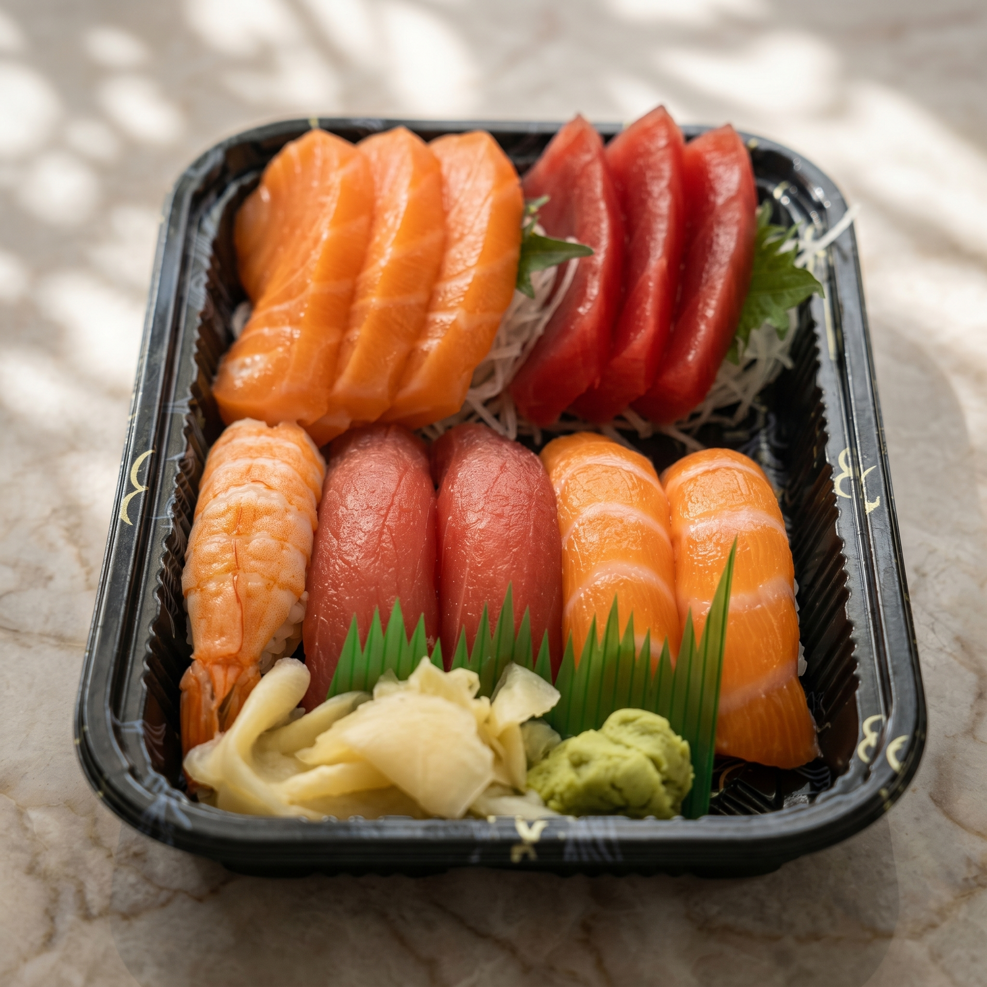 Assorted sashimi slices in a black tray with ginger, wasabi, and garnish