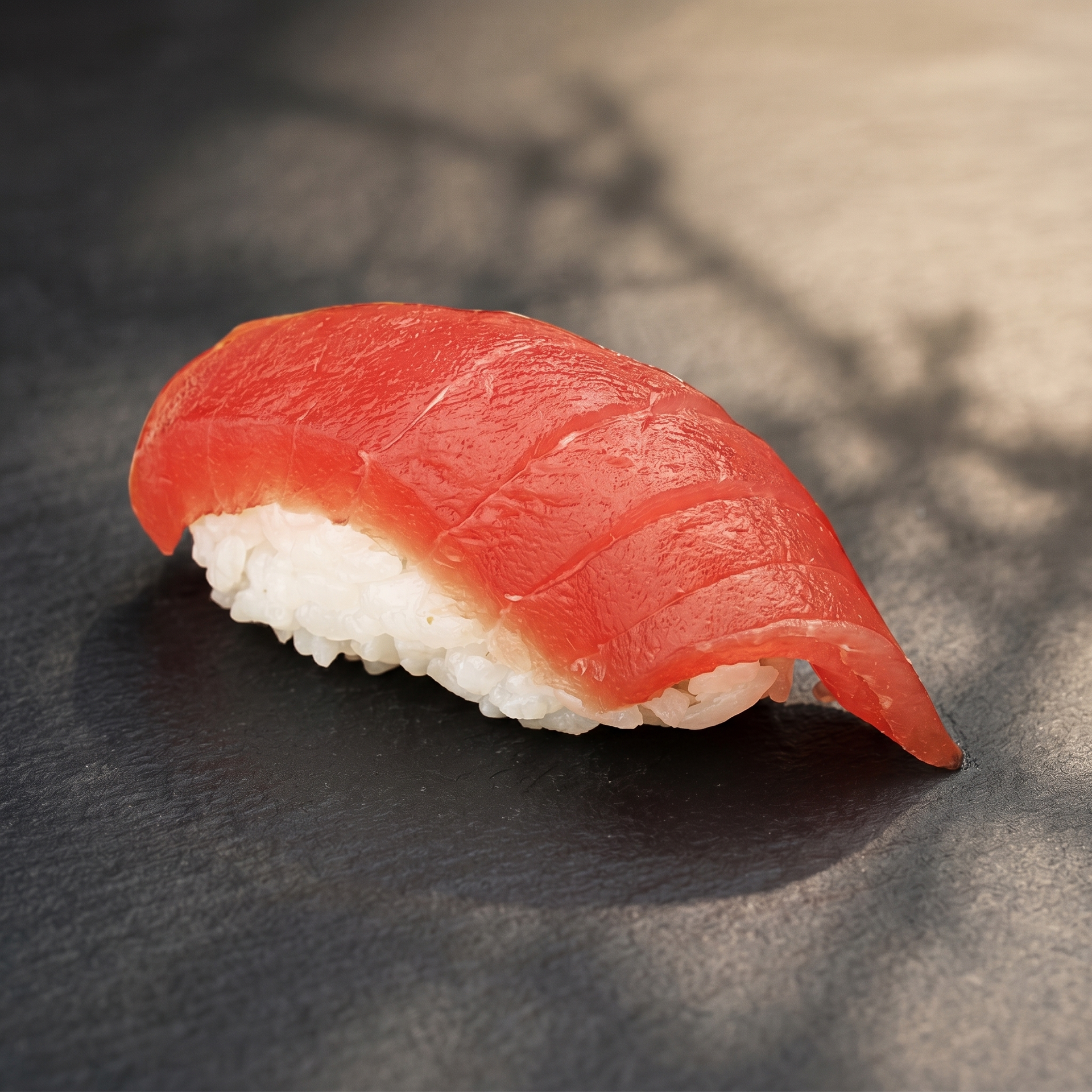 Red tuna nigiri sushi on a dark slate surface, lit with soft shadows