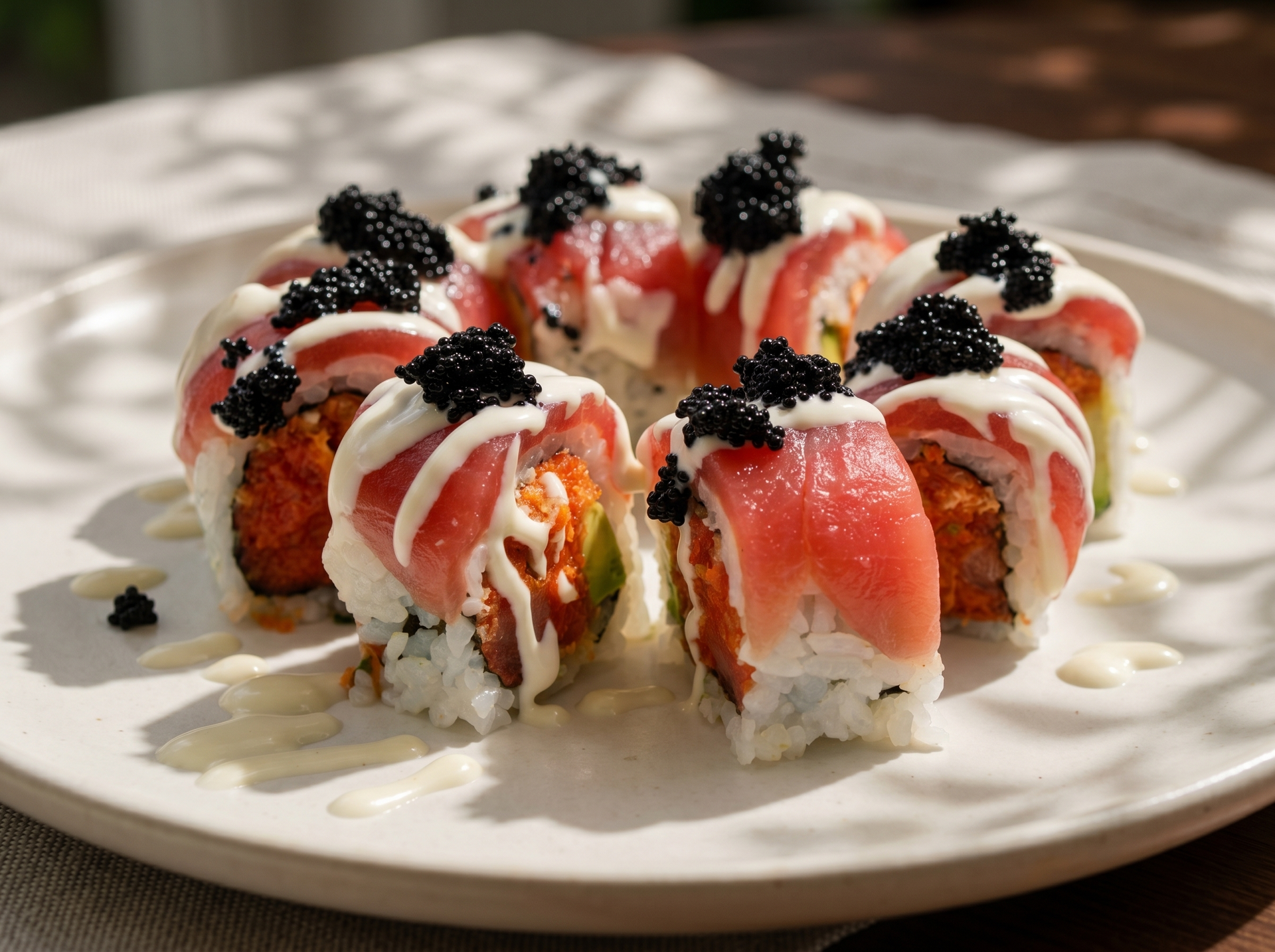Sushi rolls topped with black caviar and pink sauce on a white plate