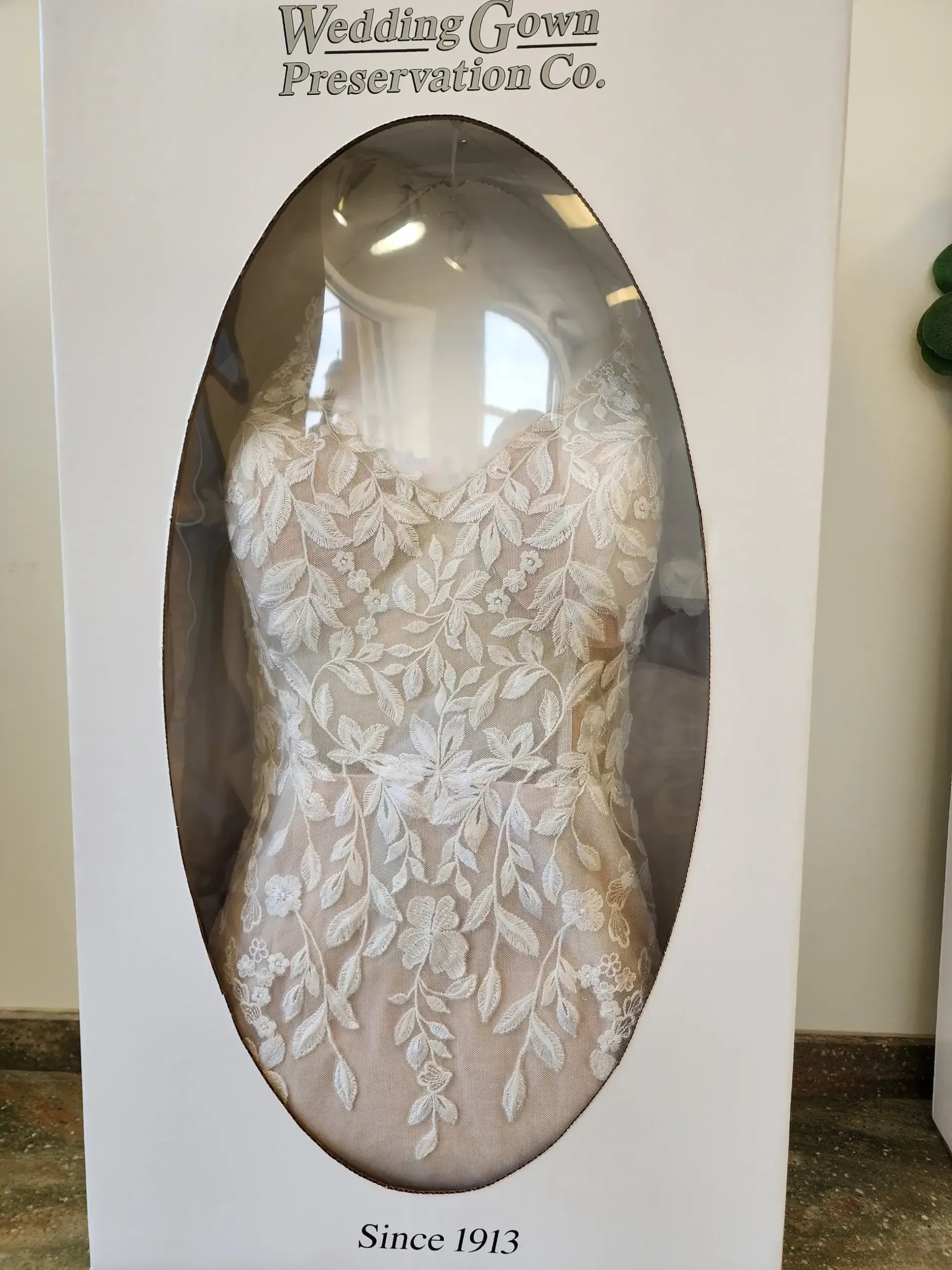 Wedding gown in preservation box with embroidered details.