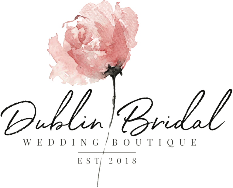 Dublin Bridal logo with pink watercolor flower. Text: Dublin Bridal, Wedding Boutique, Est. 2018.