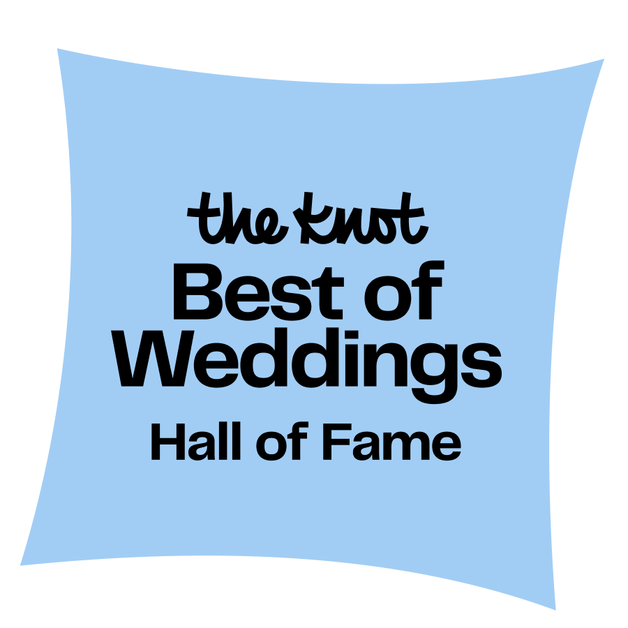 Blue square with black text: The Knot Best of Weddings Hall of Fame award logo.
