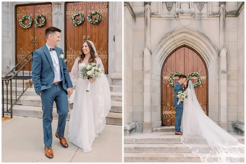 Bride and groom exiting a church, holding hands, with the bride in a long veil.