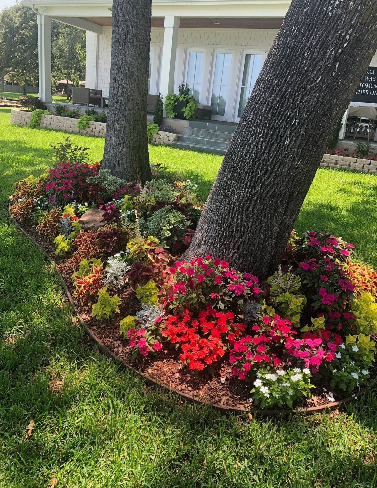 A tree surrounded by flowers in a yard in front of a house.
