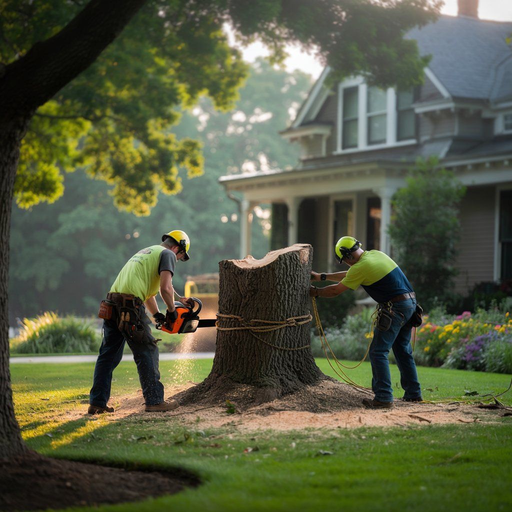A large tree stump is sitting in front of a house.