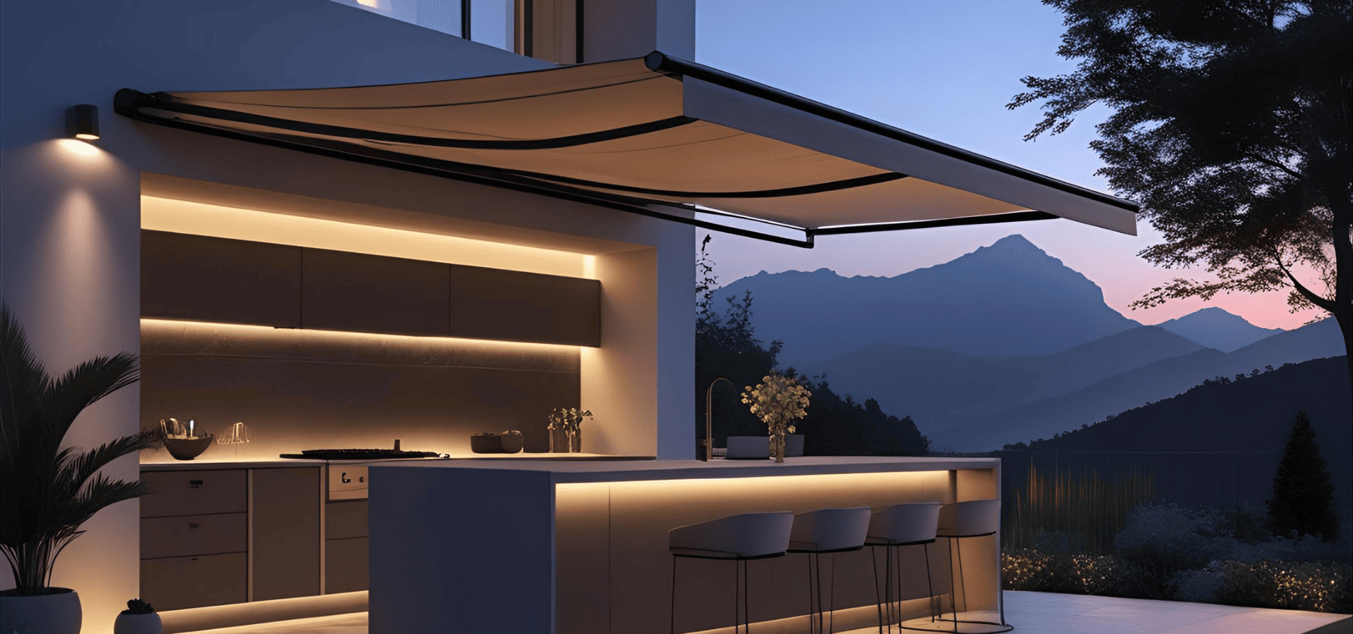 A retractable awning sheltering a modern futuristic outdoor kitchen in a landed house