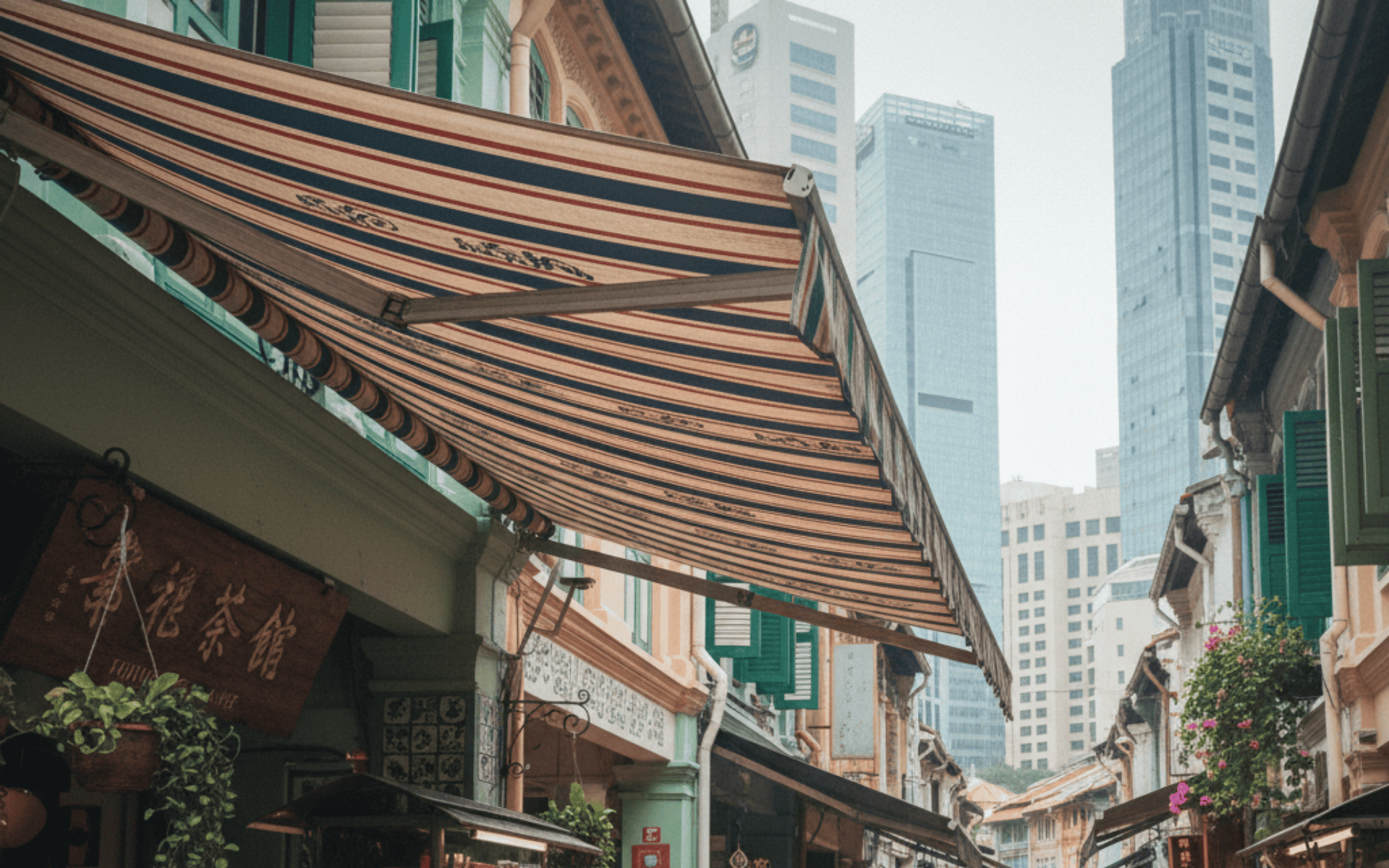 Retractable commercial awning in Chinatown Singapore