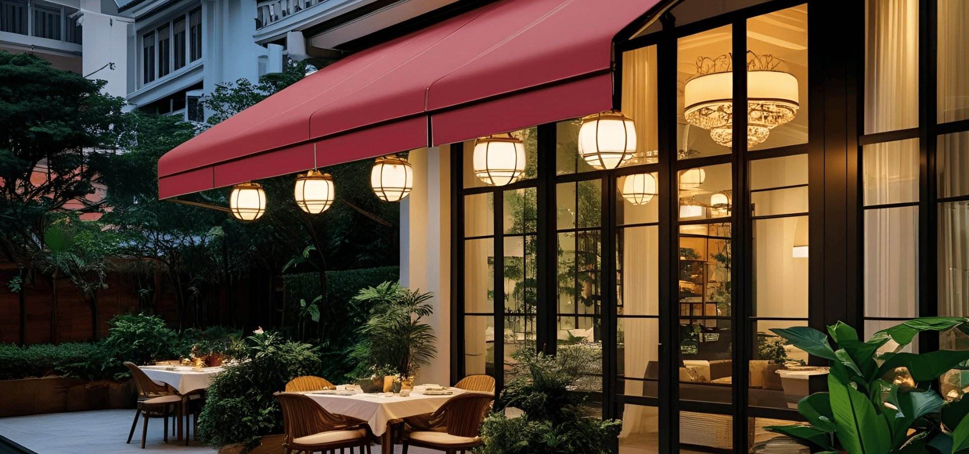 Lantern lights hanging from awning light up an outdoor dining area