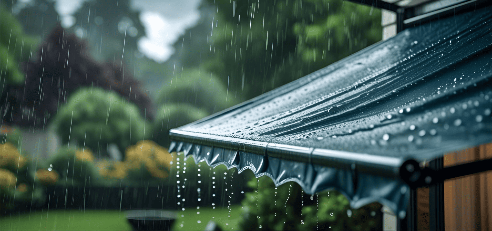 Water pooling up on a black awning during heavy rain