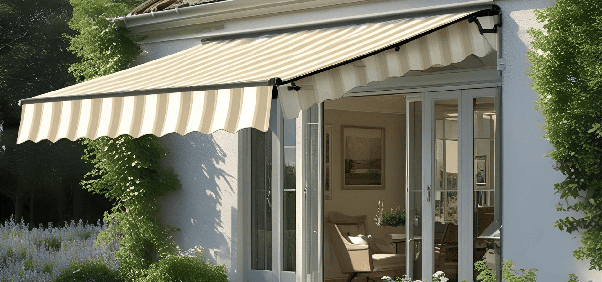 White awning with brown stripes at a landed house in Singapore