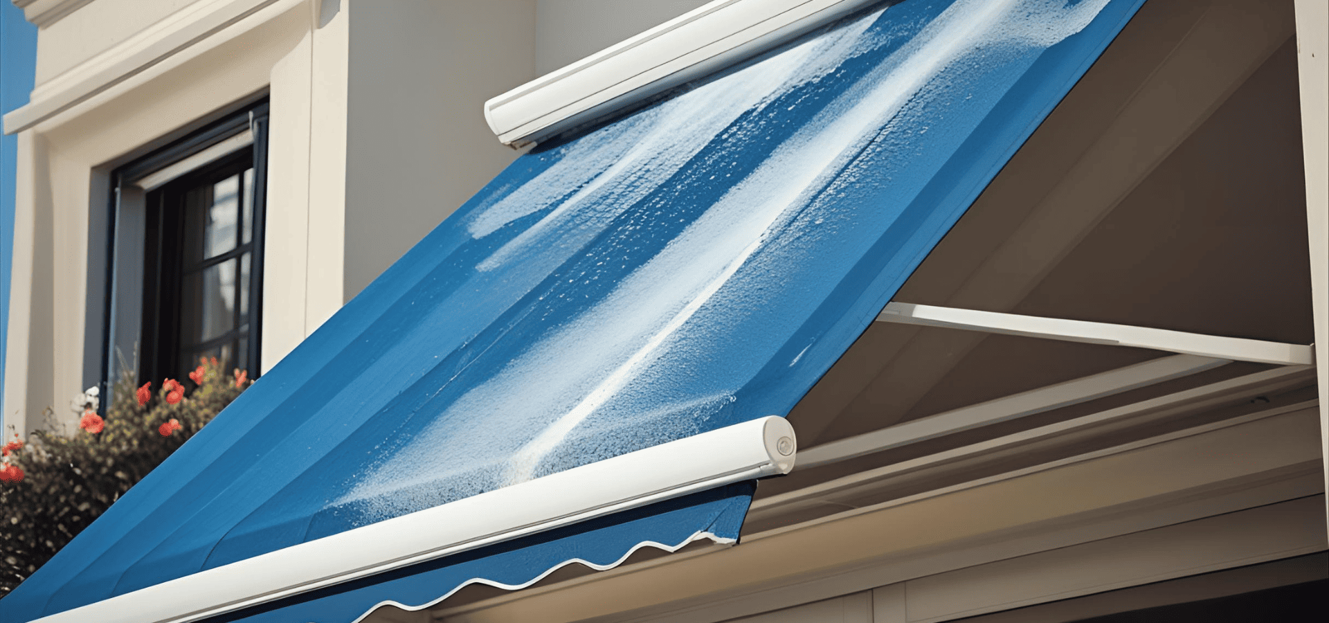 Cleaning solution on a blue retractable awning