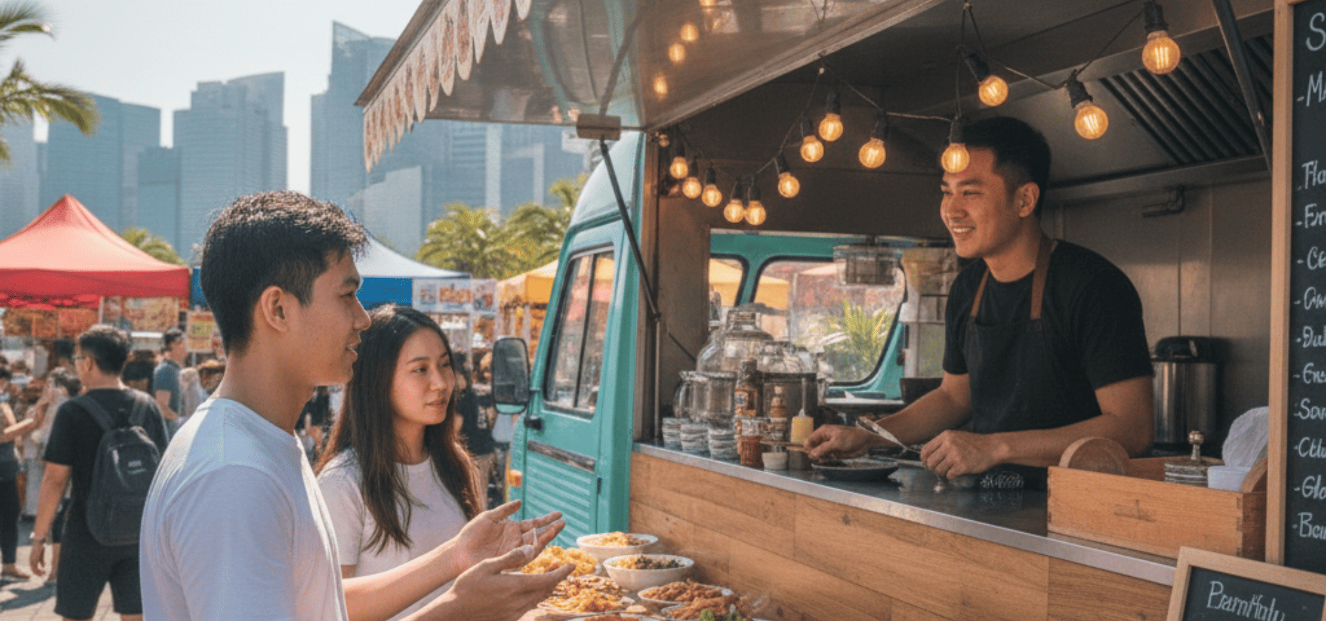 Customers talking to mobile kitchen owner under his truck's awning