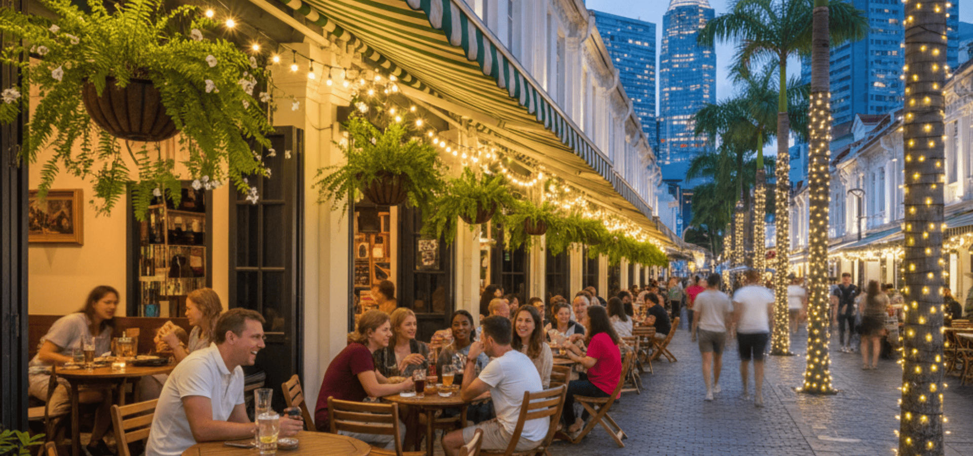 Fire-rated fabric awnings at shophouses at Clarke Quay Singapore
