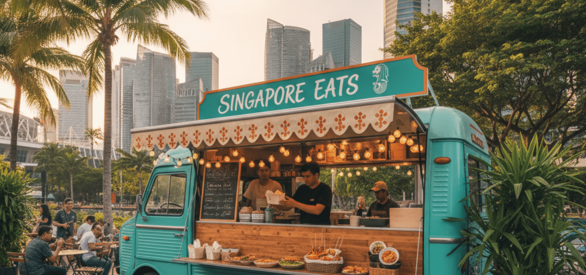 Retractable awning on a blue food truck in Singapore