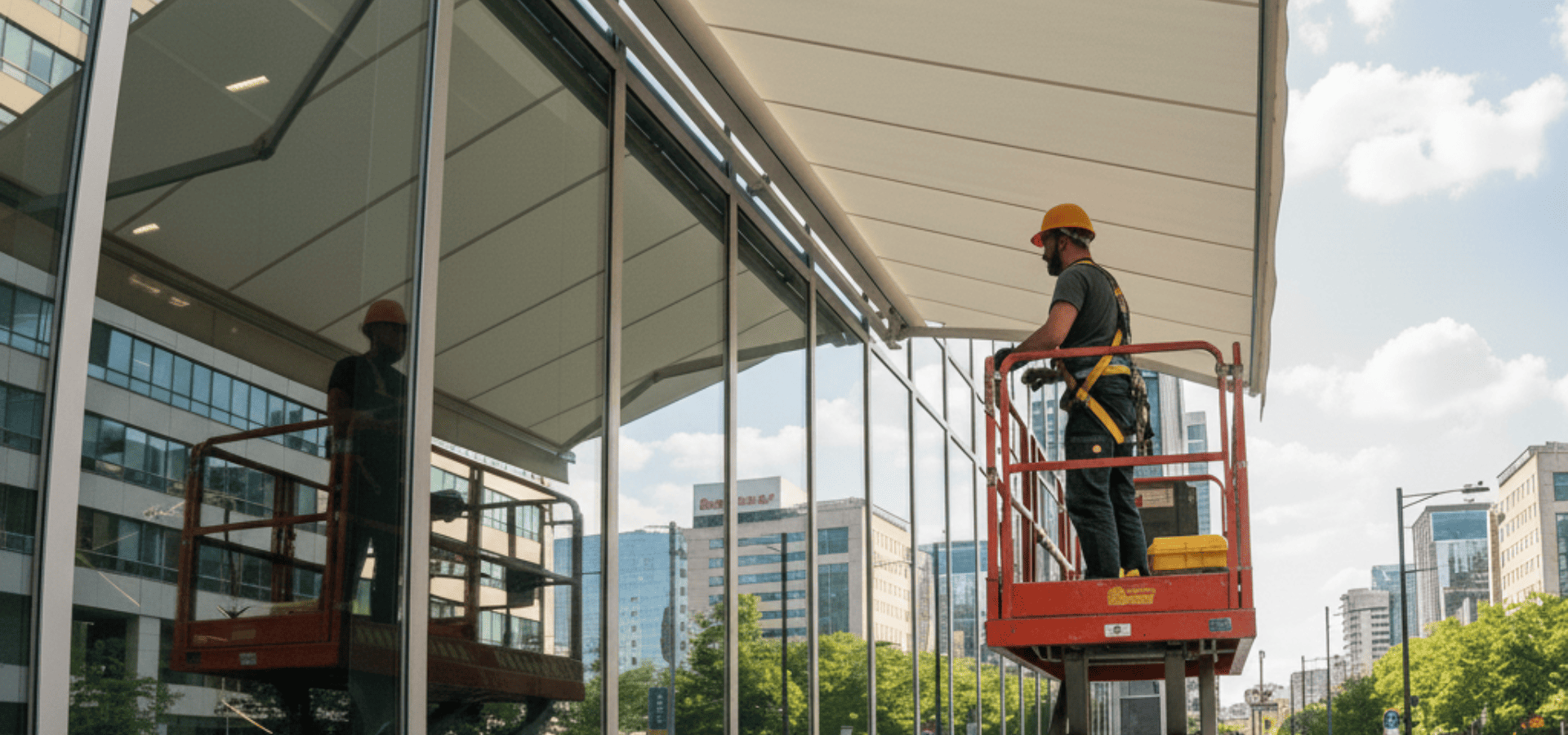 Singapore awning contractor installing a retractable awning onto a glass curtain wall