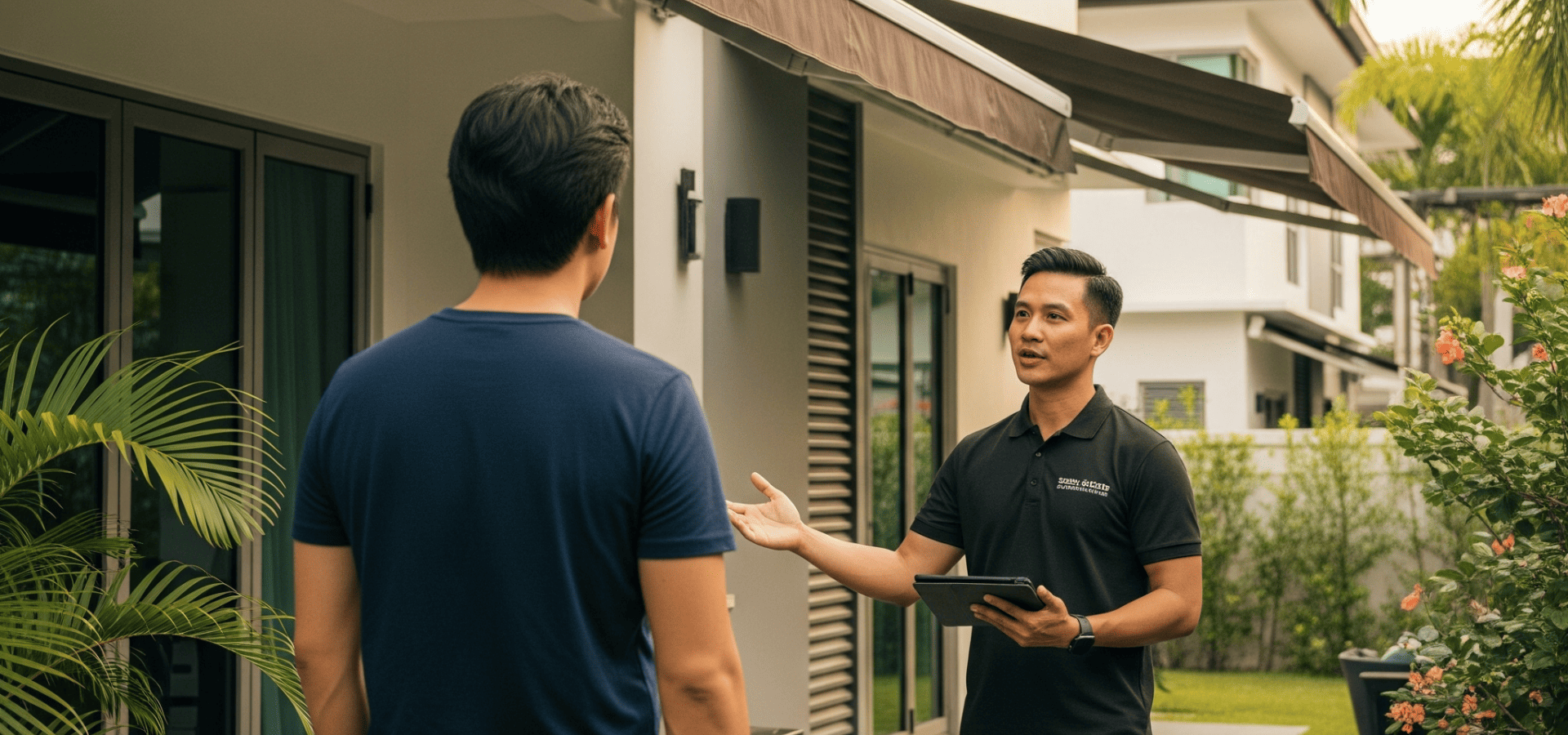 Homeowner in Singapore asking his awning contractor about fire ratings