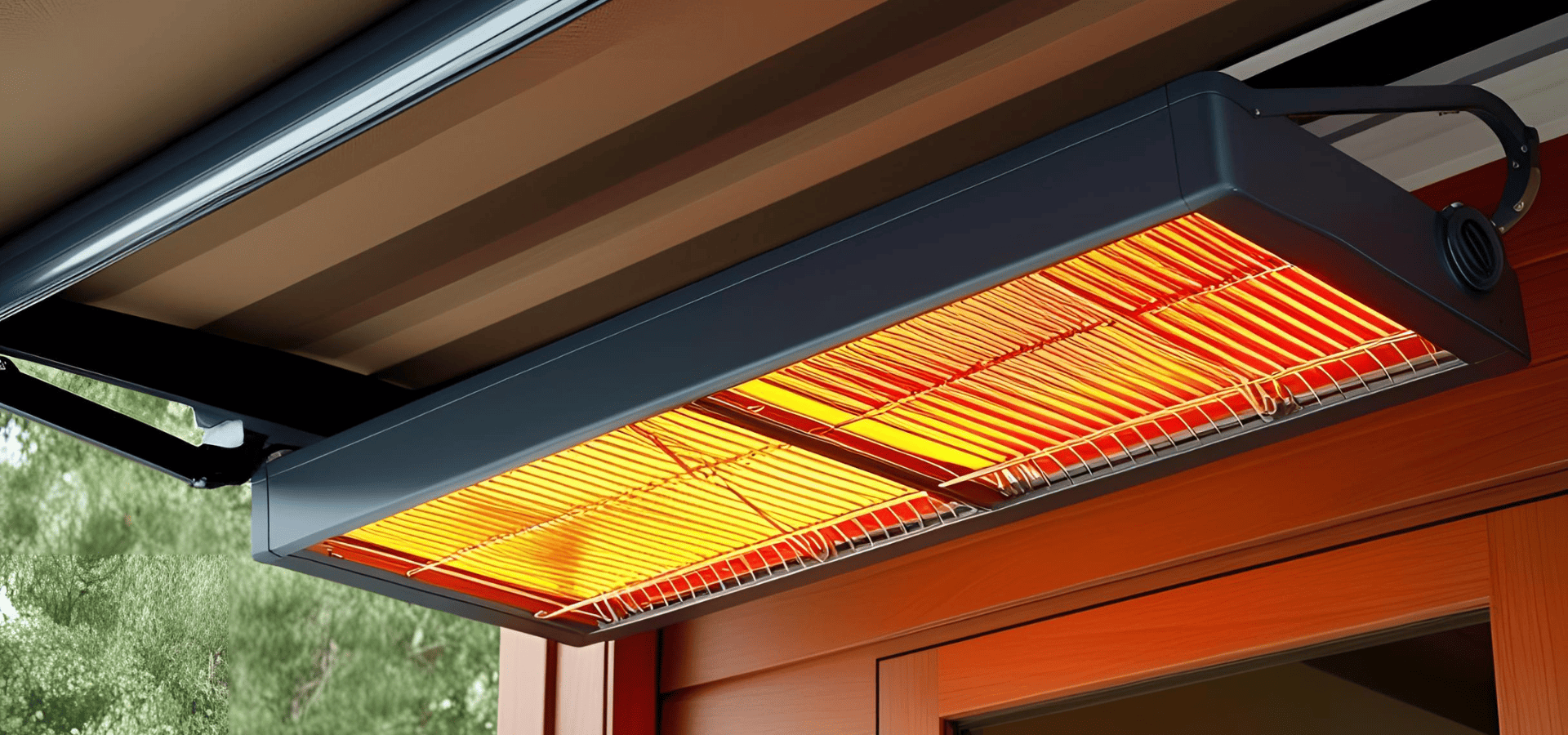 A large infrared heater installed under a stationary metal awning