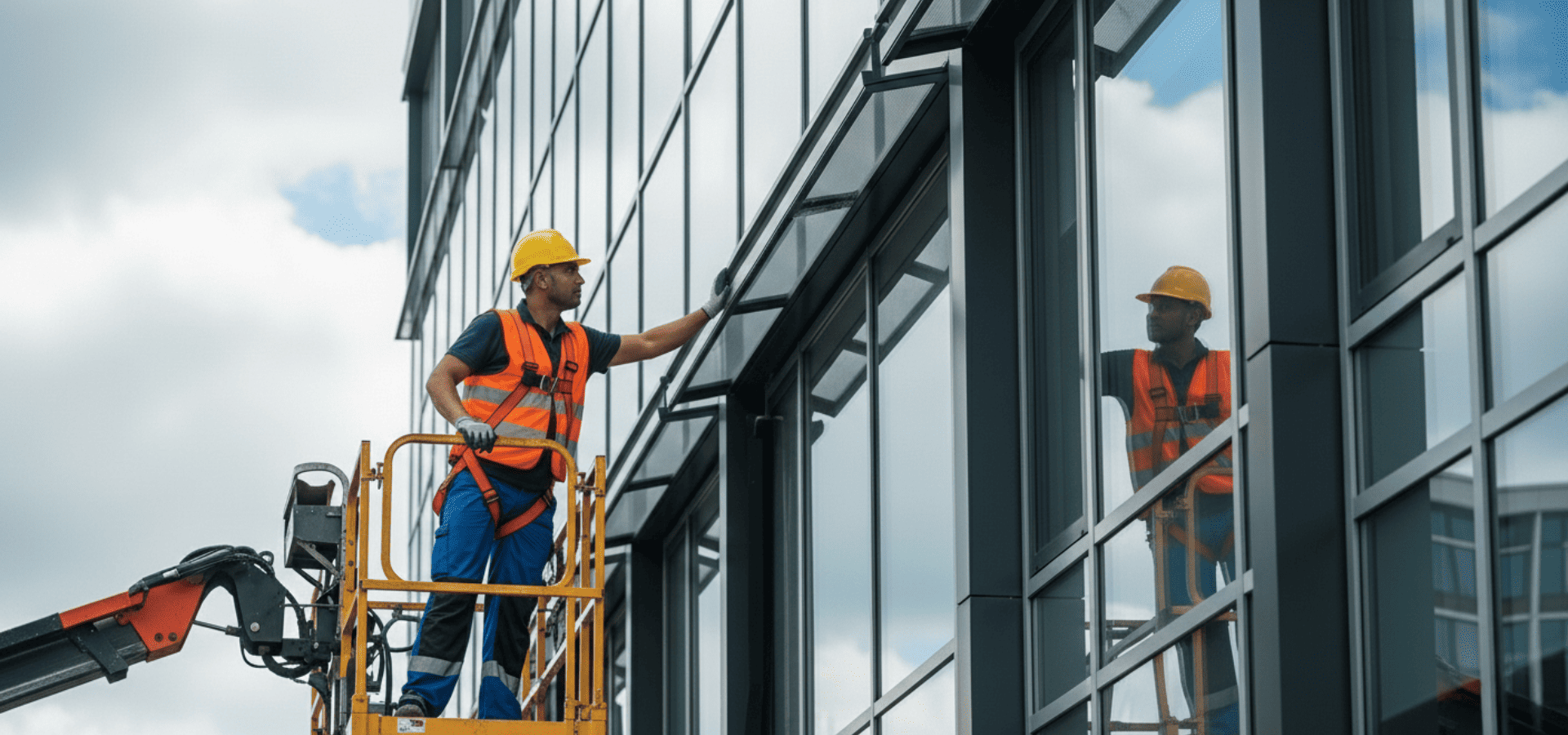 Singaporean Indian awning contractor inspecting a glass curtain wall to see how to install the awning