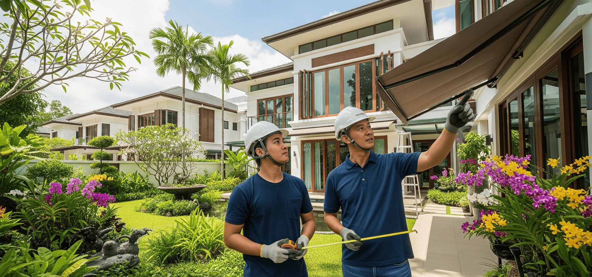 Junior apprentice learning from senior awning contractor on a job at a cluster house in Singapore