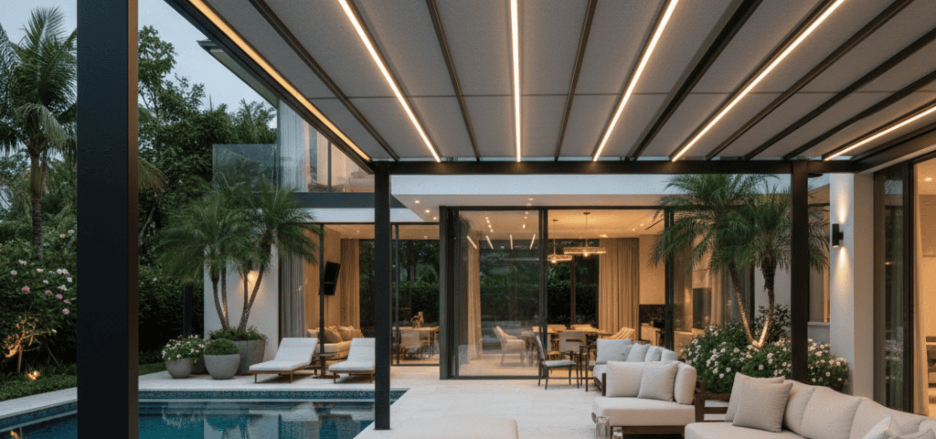 Luxury fixed awning beside a swimming pool in a luxurious home