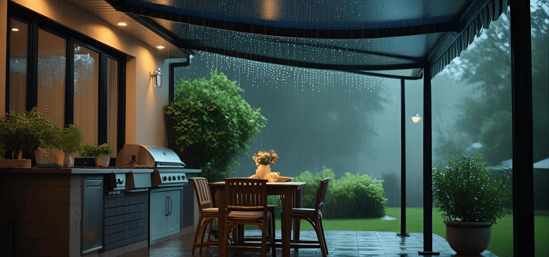 A fixed outdoor kitchen awning during heavy rain in Singapore