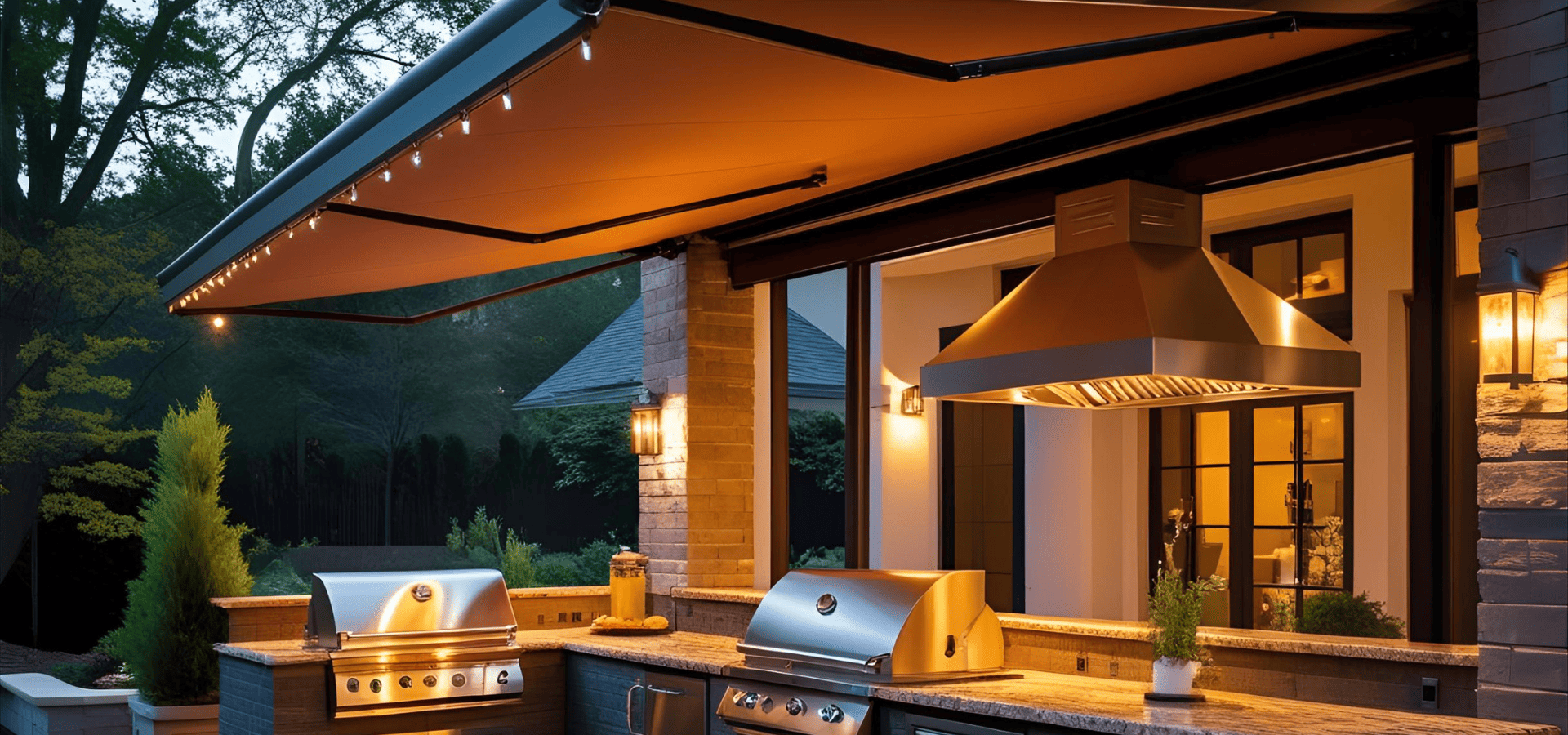 A retractable outdoor kitchen awning with beautiful lights in the evening