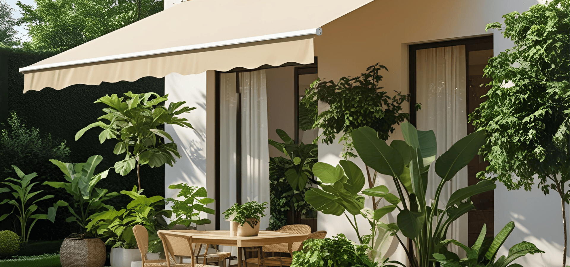 Outdoor patio awning sheltering some plants and an outdoor dining setup