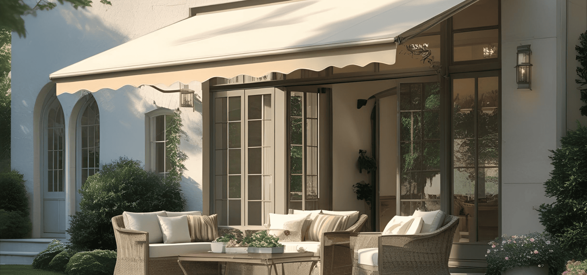 White awning sheltering a patio in a house in Singapore