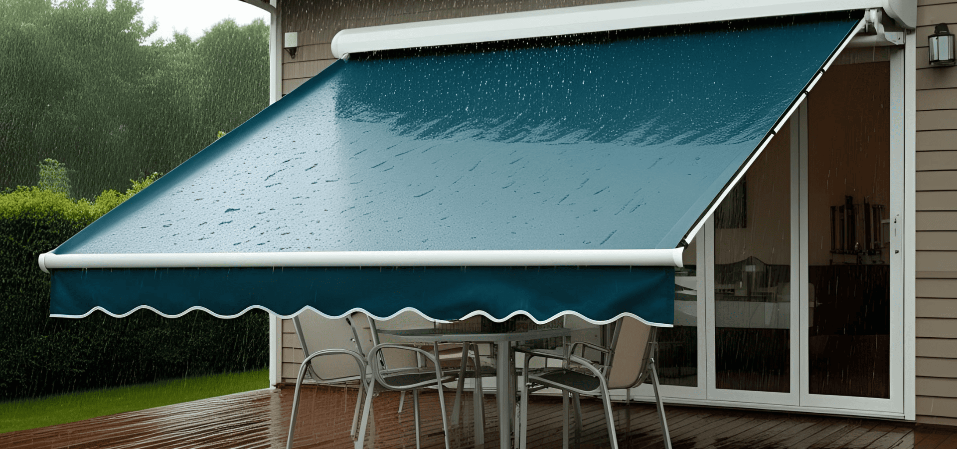Light rain on a blue retractable awning sheltering a wooden deck