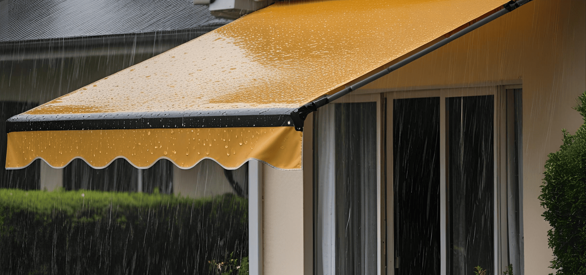 Rain on a yellow waterproof fabric residential awning