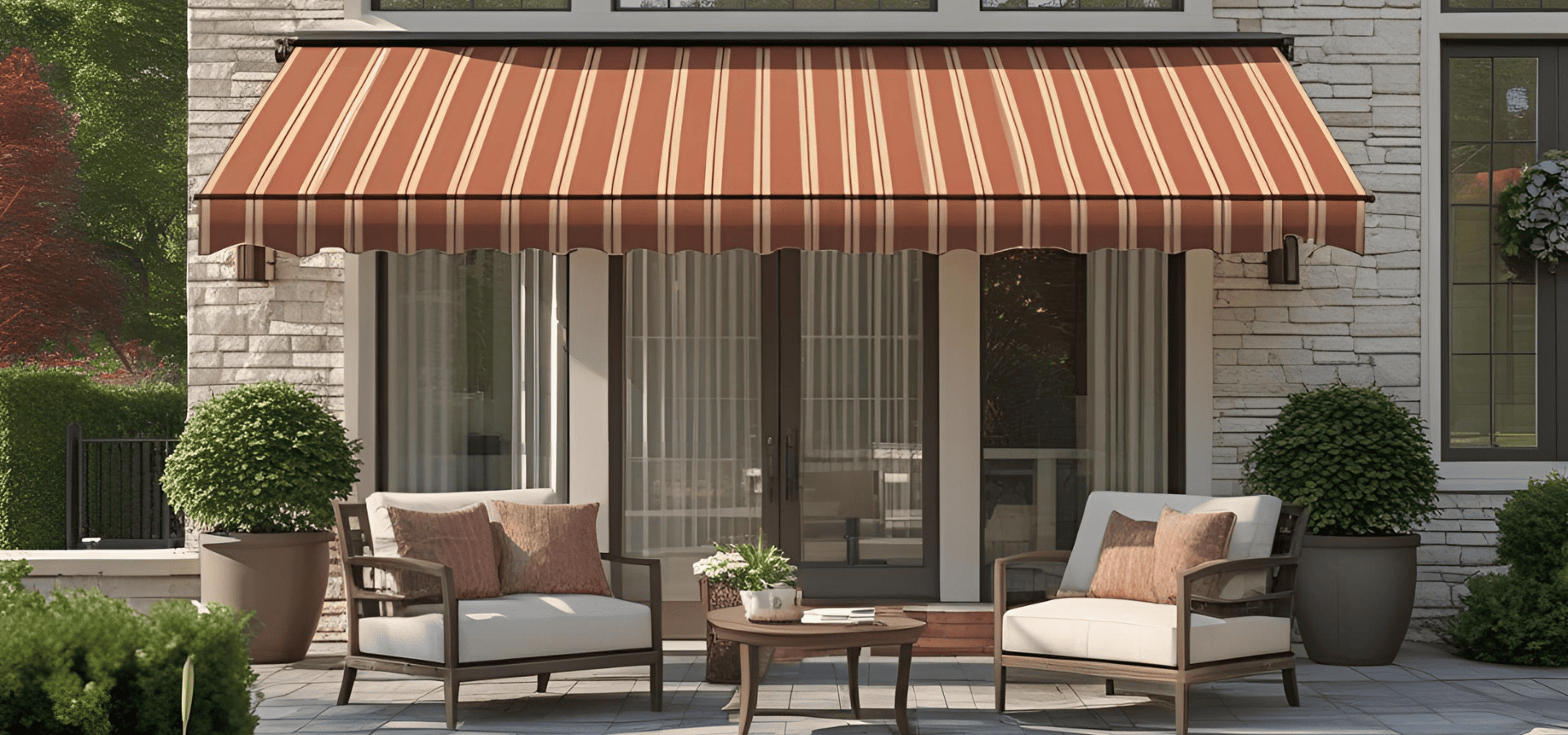 Red striped awning sheltering a patio with an outdoor coffee table set