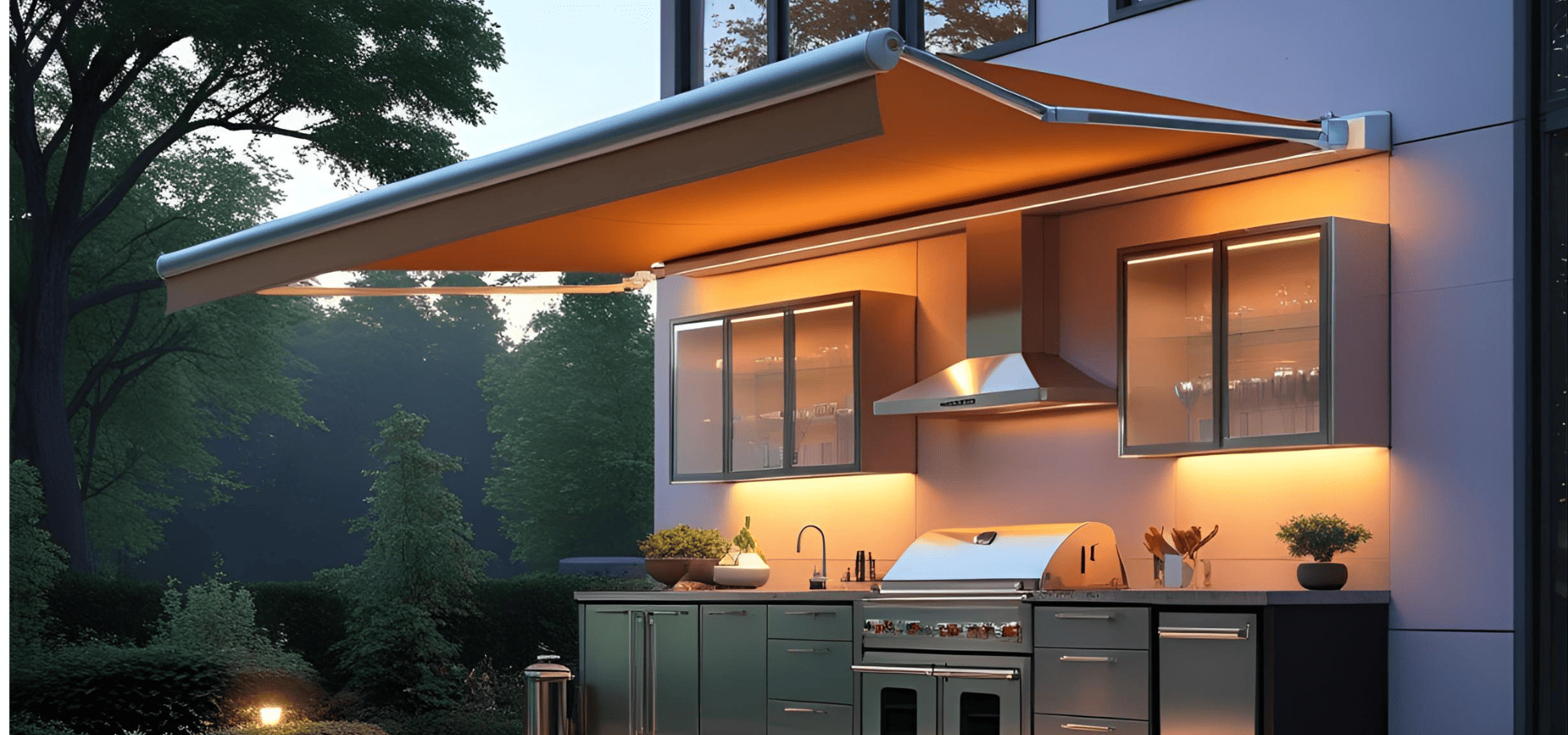 Retractable awning sheltering a modern outdoor kitchen with green cabinets