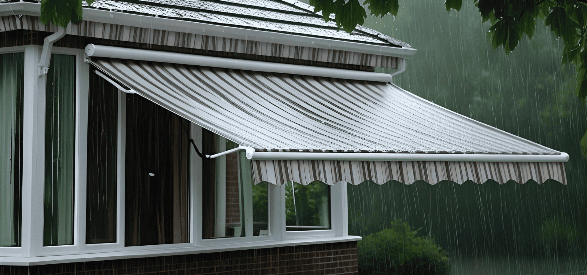 A black and white striped awning during rainy weather