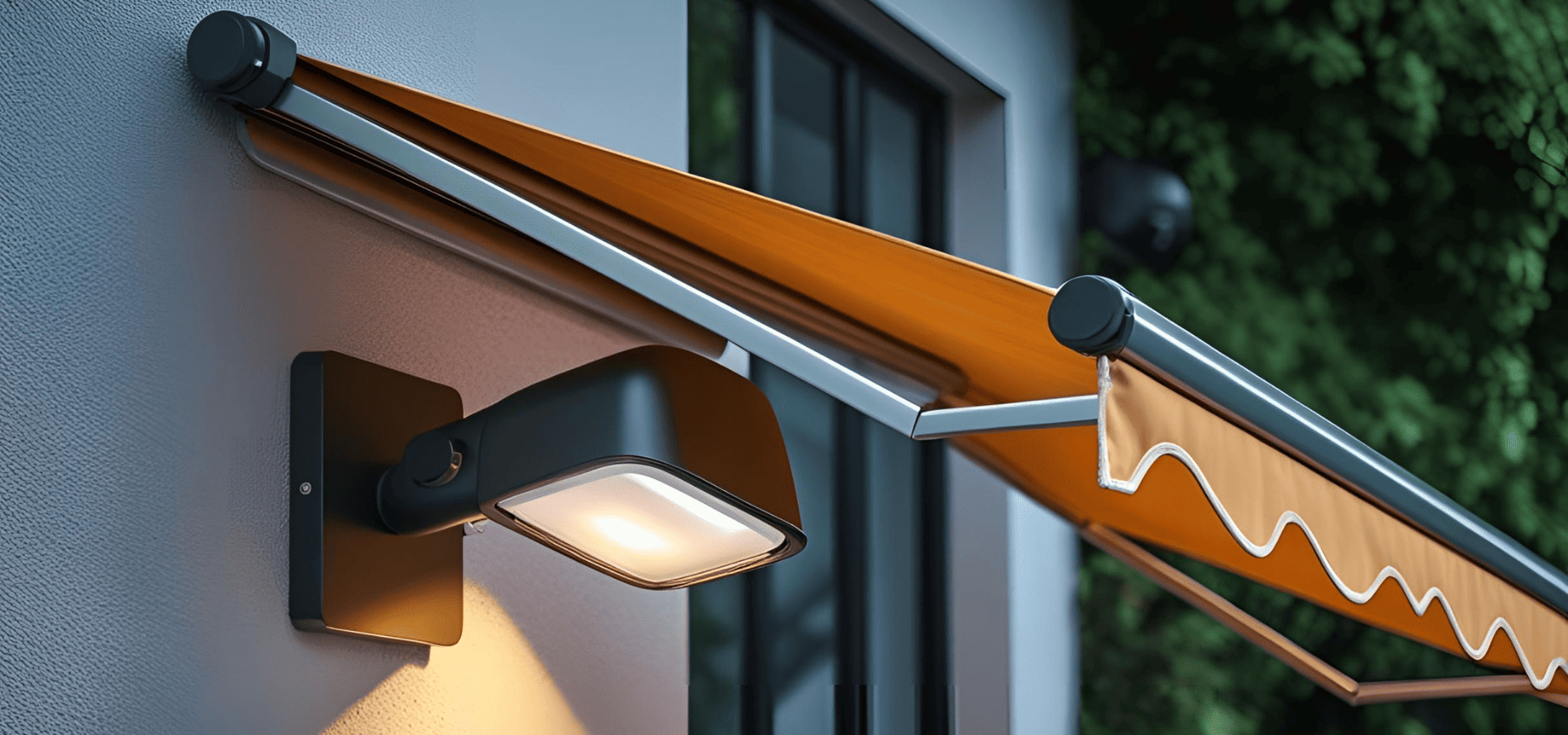 Wall-mounted spotlight underneath a retractable awning at the entrance of a house
