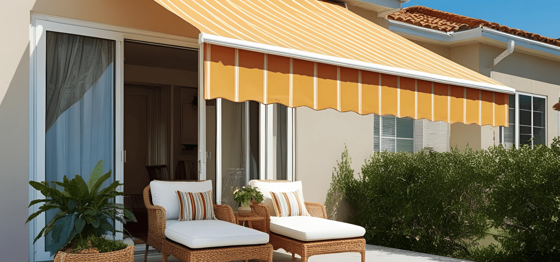 A yellow retractable awning extends automatically after its sun sensor detected the glaring sun