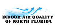 Logo for Indoor Air Quality of North Florida, with blue air currents and text.