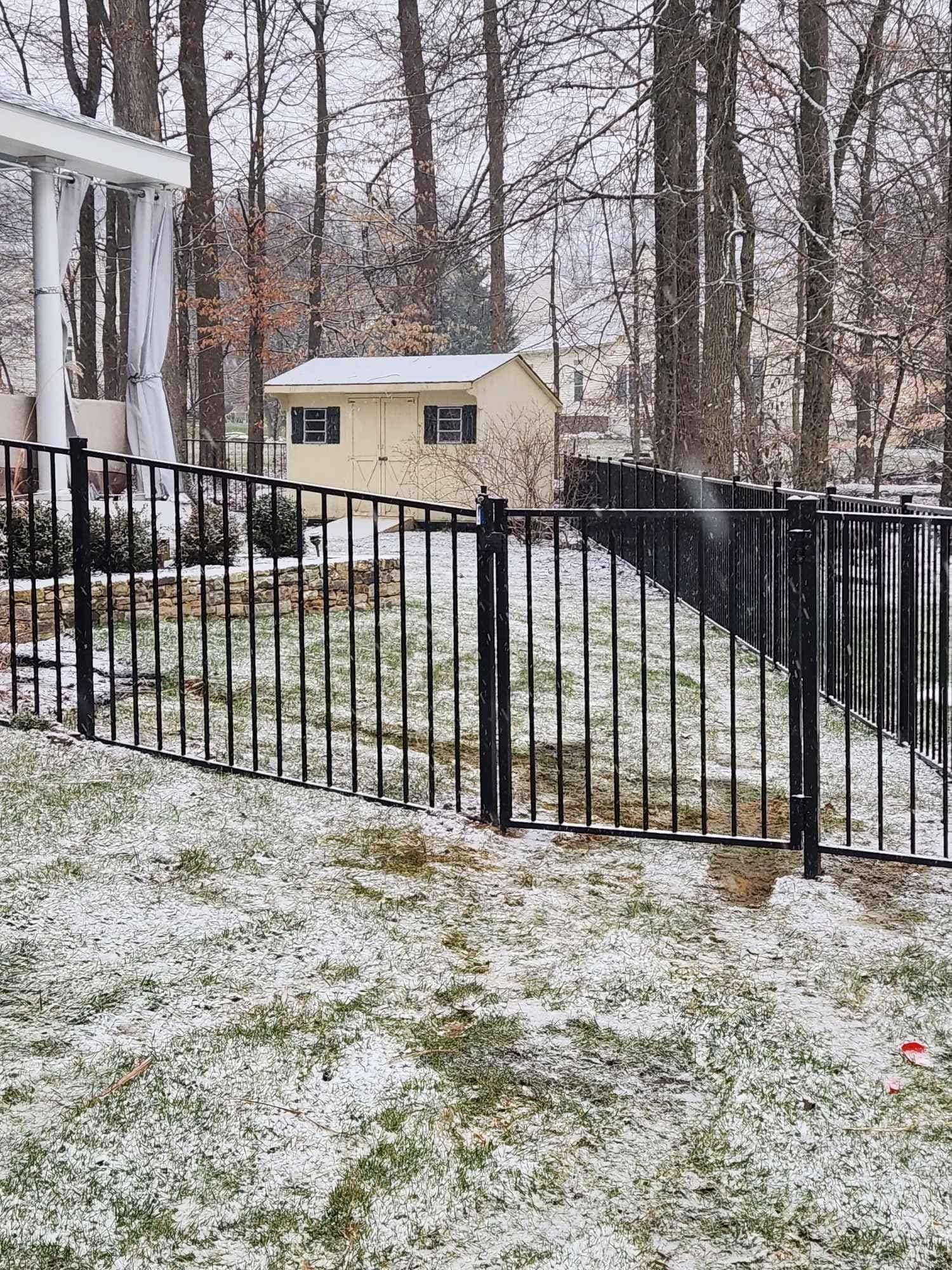 Snowy backyard scene with a black metal fence, a yellow shed, and trees in the background.