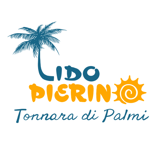 Logo for Lido Pierino: Palm tree, orange/blue text, a sun, and 